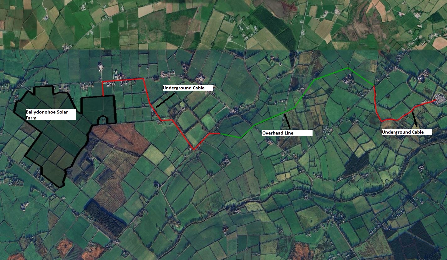 Map view of the Ballydonohoe area, with locations of the solar farm site marked.